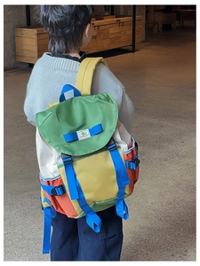 Detail of multi-color children backpack with adjustable straps and side pockets