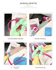 Detailed views of multi-color canvas backpack with drawstring closure and pink handles
