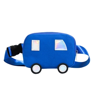 Blue car-shaped canvas kids chest bag with laser holographic windows and adjustable strap