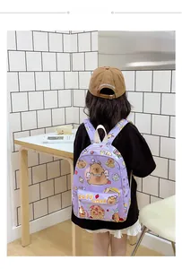 Detail view of purple checkered children backpack with cute capybara prints and zipper pockets