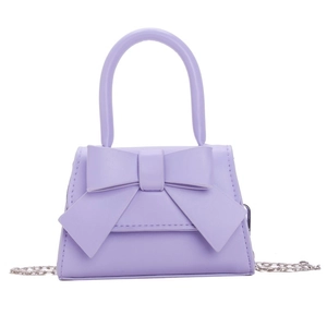 Lavender mini handbag for girls with large bow and silver chain strap in matte PU leather
