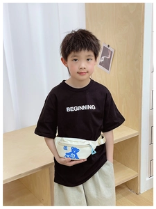 Toddler waist bag in beige canvas featuring a cute blue bear print for kids fashion