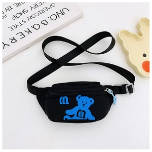 Detail view of black canvas kids waist bag featuring a cute blue cartoon bear and logo