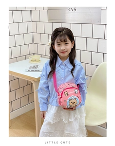 Detailed view of pink kids crossbody bag with cute cartoon capybara print and nylon strap