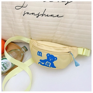 Detail of yellow canvas kids belt bag with blue bear print and nylon shoulder strap