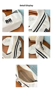 Vues détaillées du sac bandoulière en toile blanche avec imprimé sport et rayures noires