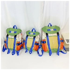 Detailed size comparison of three colorful drawstring backpacks for kids in various sizes