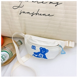 Detailed view of white canvas waist bag featuring a cute blue cartoon bear print
