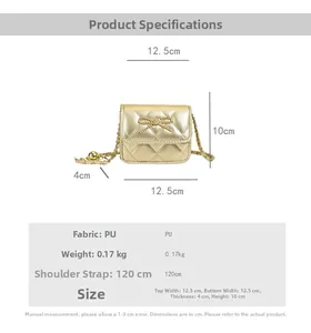 Detailed dimensions and specs for gold quilted crossbody bag with bow decoration