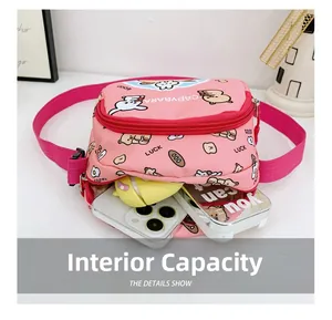 Pink cartoon capybara shoulder bag showing spacious interior capacity for kids' items