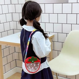 Cute strawberry shaped kids crossbody bag with glitter sequins and rainbow strap