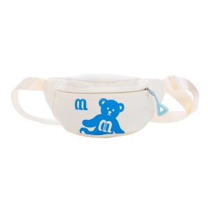 White canvas chest bag for kids featuring a blue cartoon bear print and adjustable strap