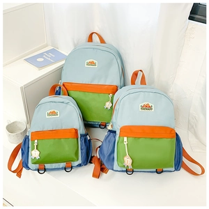Detailed comparison of three sizes of color-block school backpacks in various heights