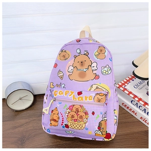 Close-up of purple plaid kids backpack featuring cute cartoon Capybara prints and top handle