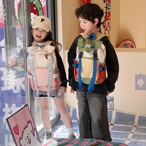 Kids trendy large capacity color-block backpack with drawstring and flap closure