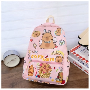 Pink canvas school bag detail with cute Capybara print and multiple storage compartments
