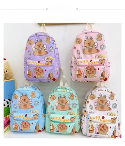 Five colorful checkered kids backpacks featuring cute cartoon capybara prints