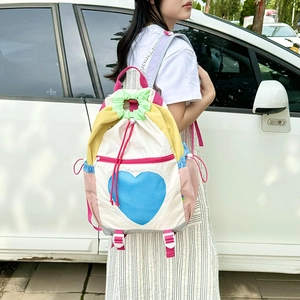 Colorful multi-compartment women's backpack with heart-shaped mesh patch and drawstring