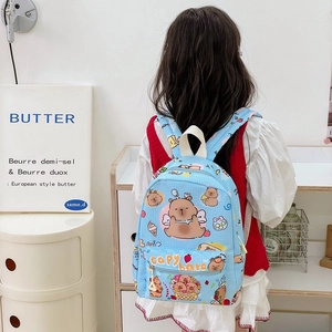 Cute light blue checkered kids backpack with cartoon capybara prints and large capacity