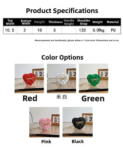 Size chart showing heart quilted mini crossbody bag dimensions and five color options