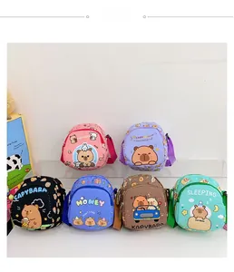 Detailed view of kids crossbody bags with Capybara prints in six vibrant colors