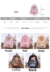 Size chart showing dimensions for children's Capybara backpack with color variants
