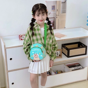 Cute capybara print kids crossbody bag in light blue with adjustable green shoulder strap