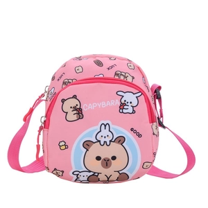 Pink cartoon capybara print crossbody bag for kids with adjustable shoulder strap