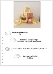 Detailed view of yellow plaid kids mini bag with bear pendant and sizing dimensions