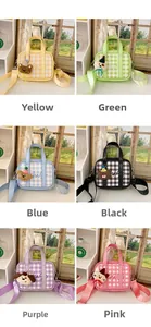 Detailed grid view of mini plaid handbags in six colors with cute animal charms