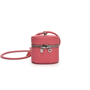 Mini rose pink bucket bag in lychee leather for kids with silver zipper detail