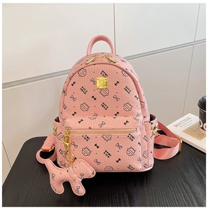 Détails du sac à dos rose imprimé chat avec fermetures éclair dorées et porte-clés chien