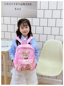 Detailed back view of pink Capybara school bag on a child featuring cute cartoon prints