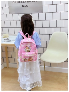 Pink Capybara school bag shown on a child model featuring cute cartoon prints