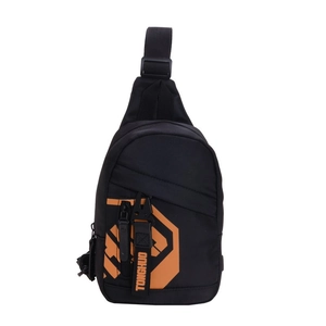 Black sporty kids chest bag with orange geometric patterns and adjustable nylon strap