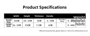 Size chart showing small and large puppy backpacks with detailed product dimensions