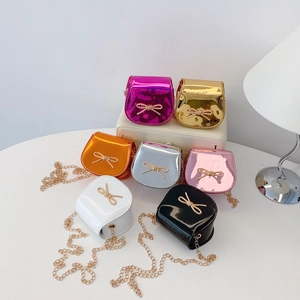 Borsa A Tracolla Bambina Pelle PU Metallica Mini Borsa A Spalla Con Fiocco Dorato E Tracolla A Catena Per Ragazze Moda