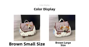 Comparison of small and large quilted dog pattern backpacks with plush pendant