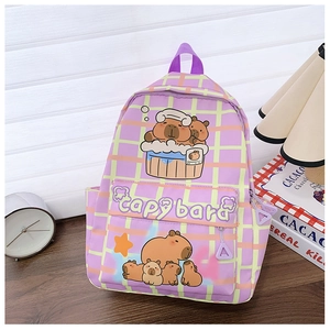 Detail of purple plaid Capybara backpack for kids with waterproof fabric and zippers