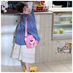 Pink toddler crossbody bag with plaid pocket and cute kitten pendant for girls