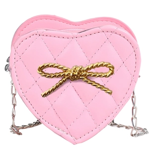 Pink heart-shaped crossbody bag for girls with quilted pattern and gold bow charm detail