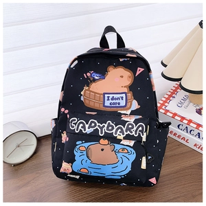 Close-up of black school backpack with cute Capybara prints and front zipper pocket