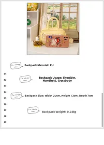 Detail showing yellow PU tote with plaid pocket, plush bear charm and size measurements