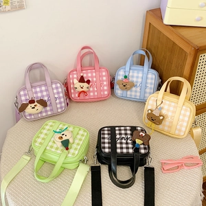 Kids Plaid Mini Square Crossbody Bag PU Leather Top Handle Handbag With Plush Animal Pendant Cute Fashion For Girls