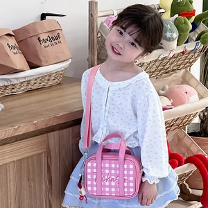 Pink checkered kids crossbody bag with cute bear pendant and top handle for girls