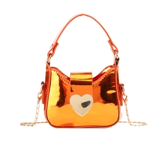 Mini sac à main laser orange pour filles avec boucle coeur et bandoulière chaîne