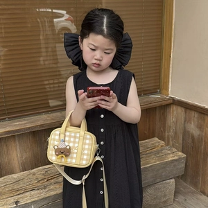 Kids plaid handbag with cute bear pendant featuring yellow check pattern and crossbody strap