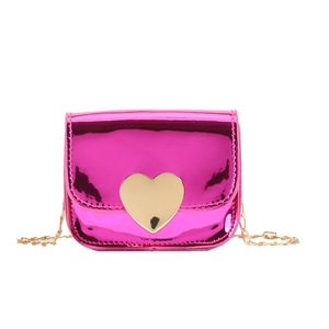 Mini metallic pink heart chain crossbody bag for girls with gold buckle and mirror finish