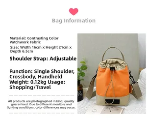 Détail du sac à cordon compact affichant un blocage de couleurs orange-beige et la sangle