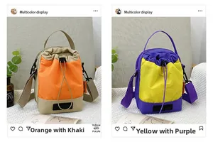 Détail des mini sacs à bandoulière en nylon orange-kaki et jaune-violet avec cordon